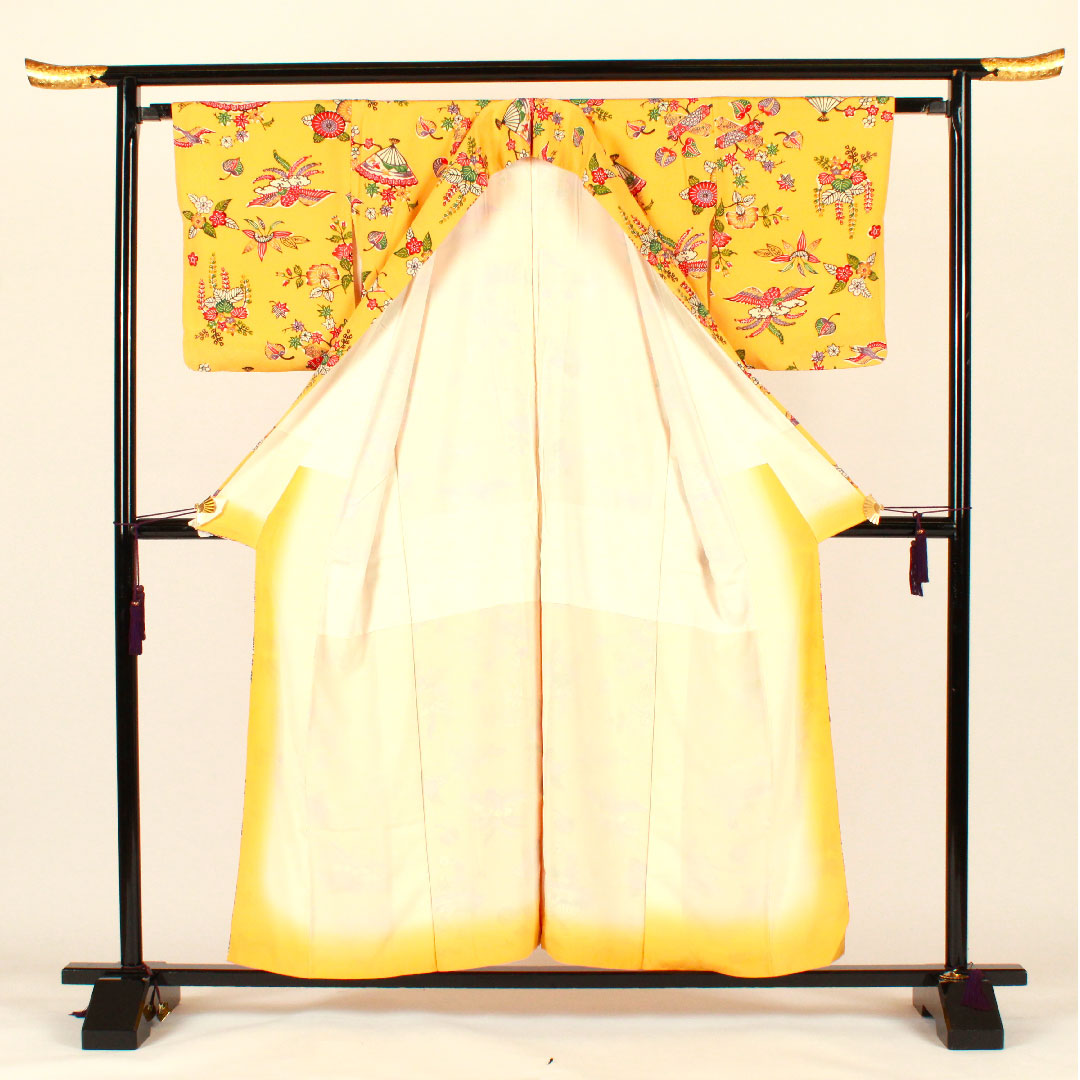 小紋 身丈156.5cm 裄丈64cm 袷  紅型  正絹 Aランク 黄系 1115002033323