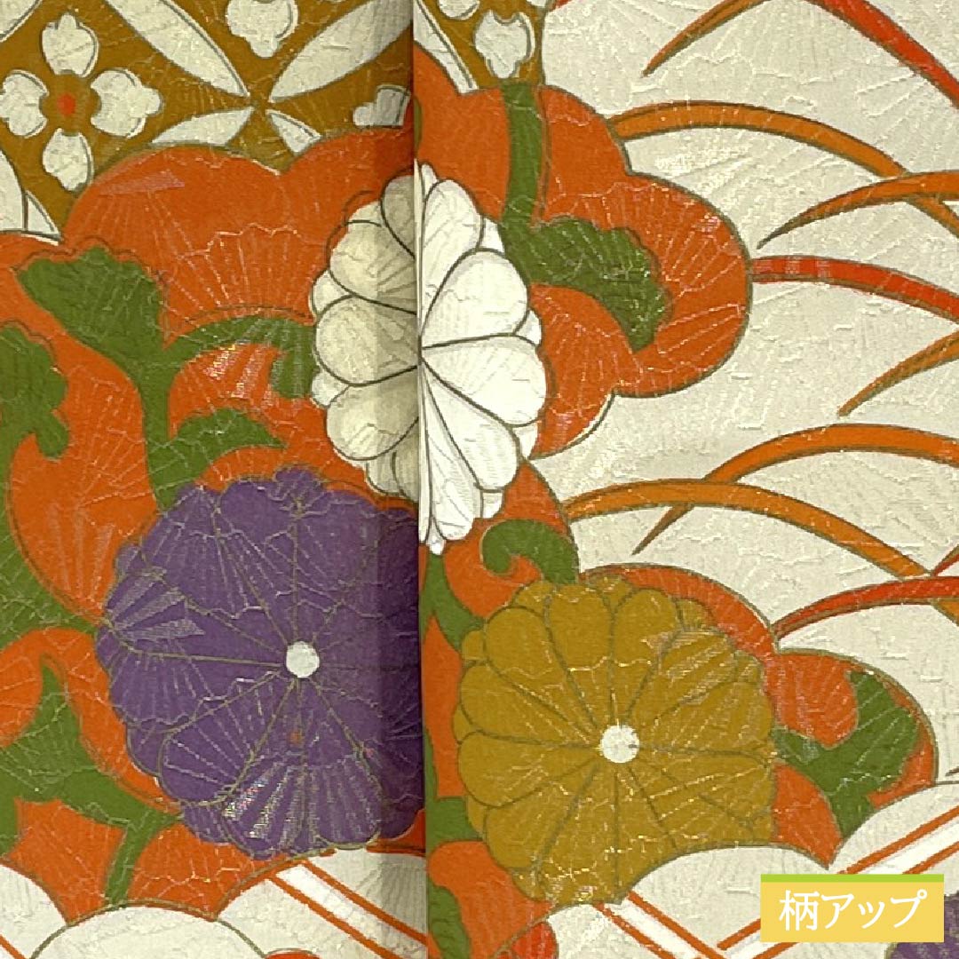 Visiting Kimono, Pure Silk, A-Rank, Lined, Length 164cm, Sleeve Length 62cm, Red-Orange, Kyoto Yuzen, Auspicious Design, Chrysanthemum, Seigaiha, Orange, Item Number 1112006593426