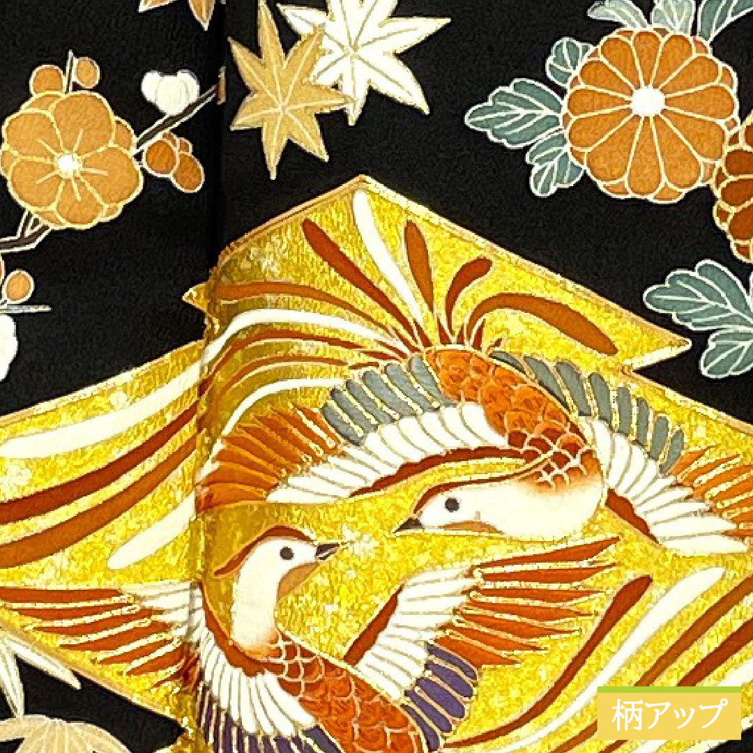 Black formal kimono, pure silk, length 169cm, sleeve length 67.5cm, lined, Kyoto Yuzen, auspicious pattern, five crests, five-three paulownia, A rank, black, 1111001473510