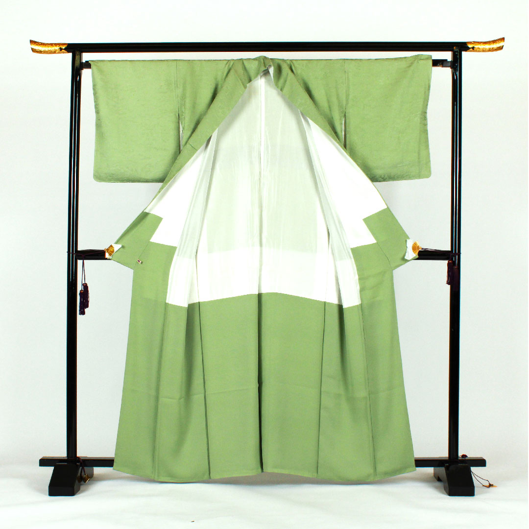 色無地 寿光織 時代人物風景模様 剣片喰  身丈164cm 裄丈66cm 袷  正絹 Sランク 緑系 1114000292319