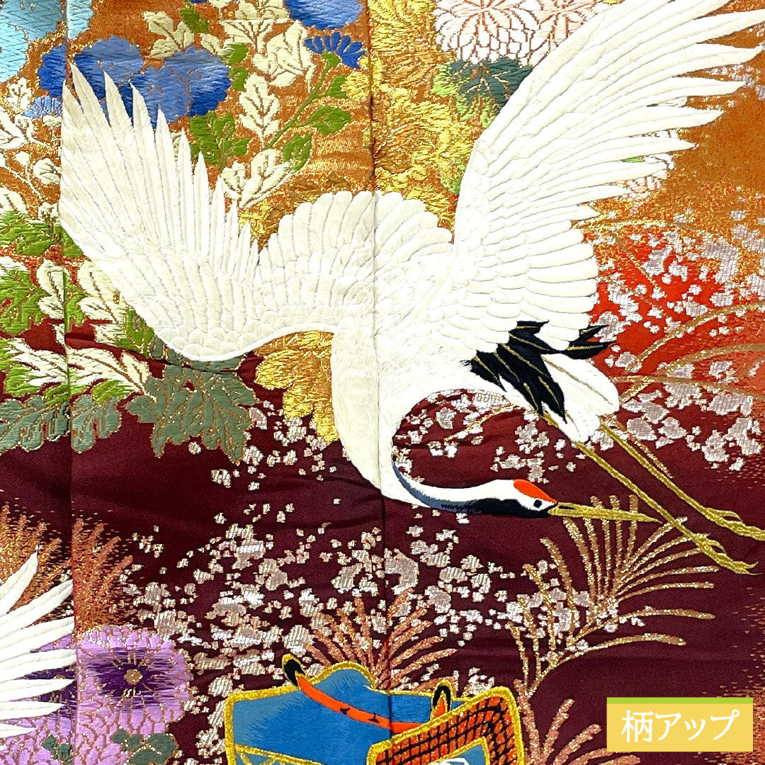 色打掛 正絹 Bランク 身丈188cm 裄丈65cm 唐織 鶴 御所車 草花模様 袷 朱系 1110000904916