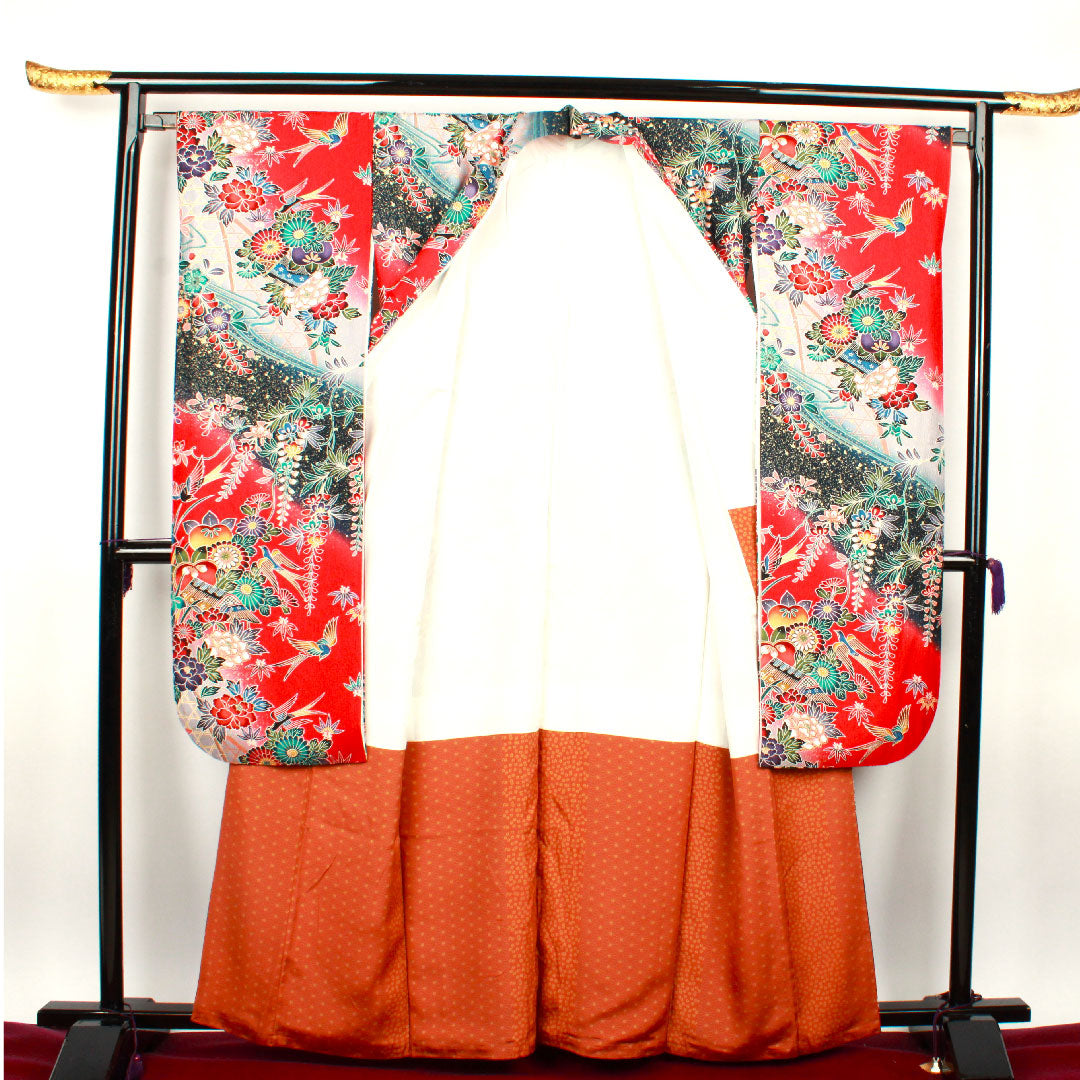 振袖 身丈163cm 裄丈64cm 袷  茜色 型染 吉祥文様  正絹 Sランク 赤系 1113000862412