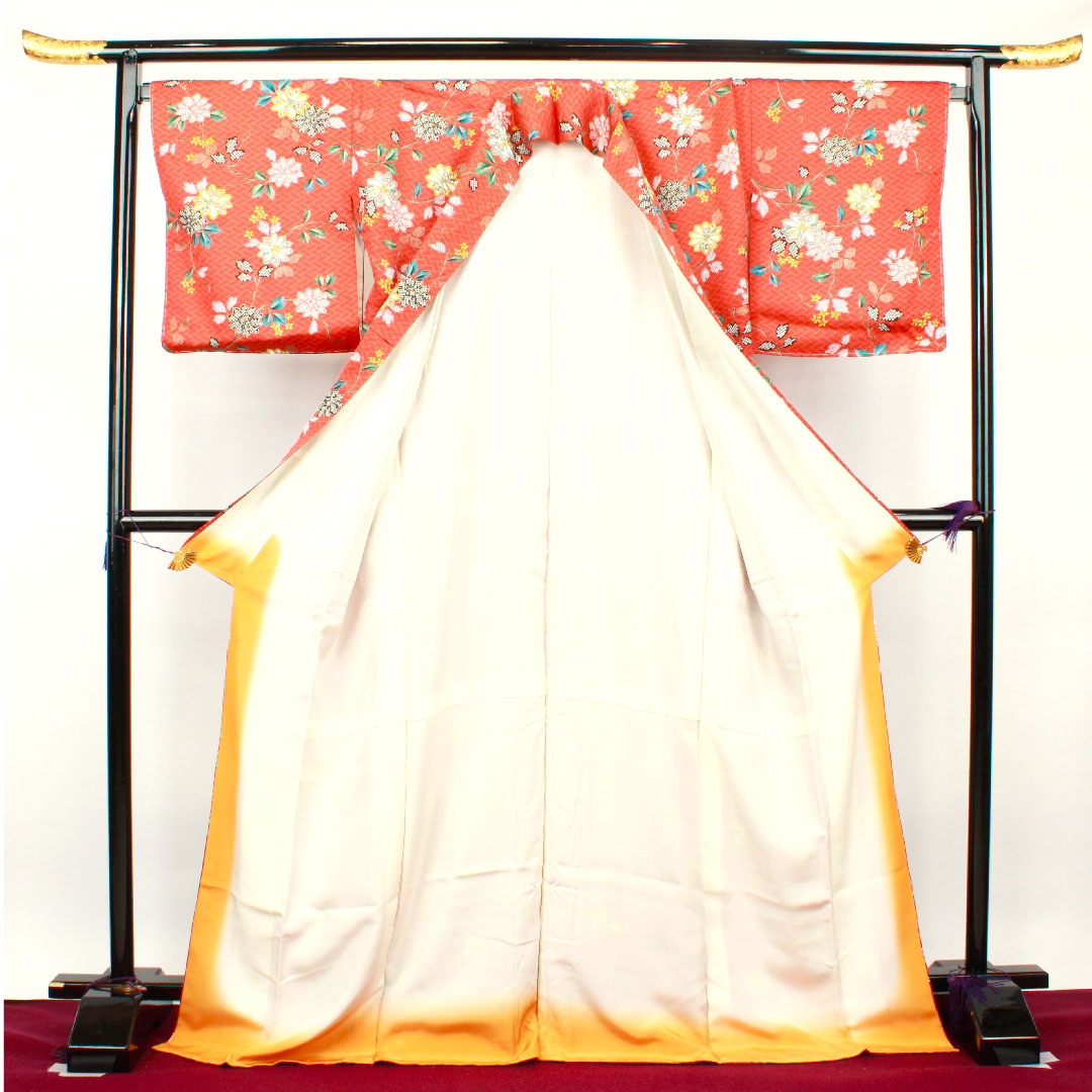 小紋 身丈175cm 裄丈65cm 袷  しつけ糸付き 銀朱色 草花模様  正絹 Sランク 朱系 1115002772816