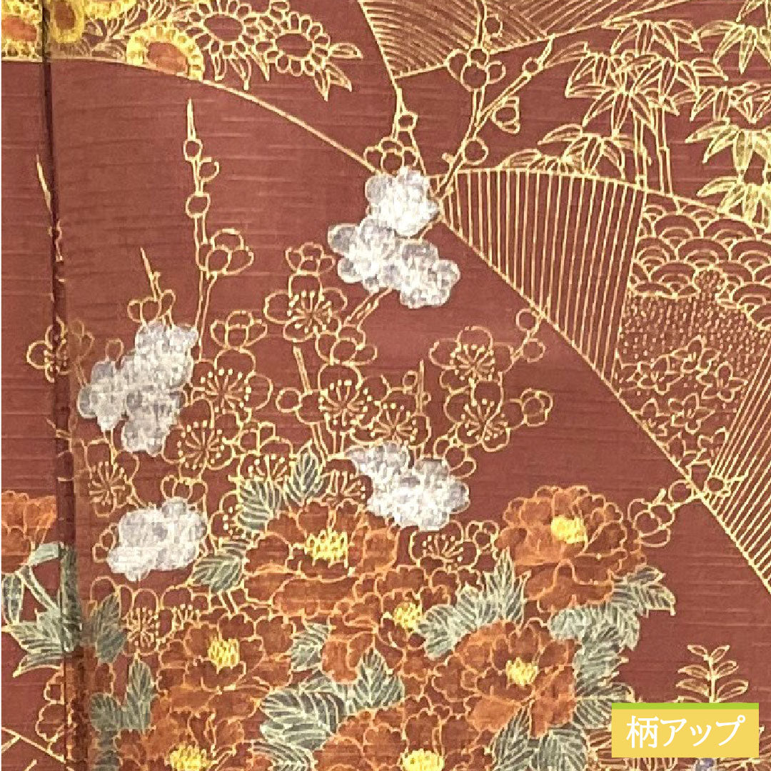 訪問着　袷　着物 茶色　雪輪に吉祥文　古典柄御所車　梅 12HC6 楽天市場】【中古】訪問着 袷着物 雪輪に吉祥文 古典柄御所車 梅