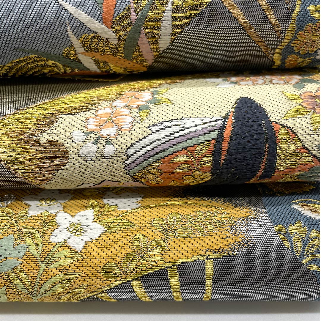 （未仕立）袋帯 紀州茶色（きしゅうちゃいろ） 紫式部 扇 一蔵 帯丈462cm 正絹 Aランク 六通 フォーマル グレー系 1123007943422