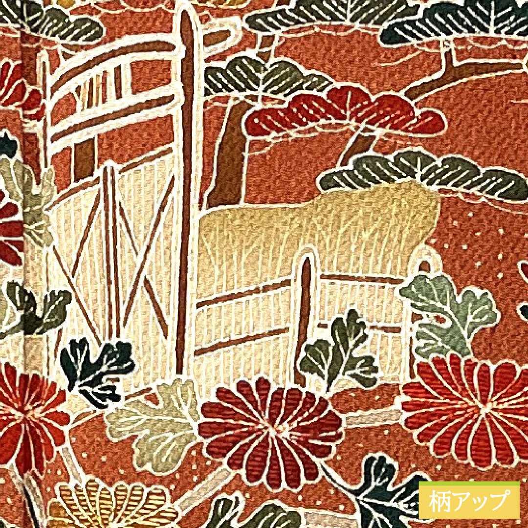 訪問着 正絹 袷 身丈165.5cm 裄丈65cm 弁柄色（べんがらいろ） 京友禅 茶屋辻風景模様 ちりめん地 Aランク 朱系 1112005923516