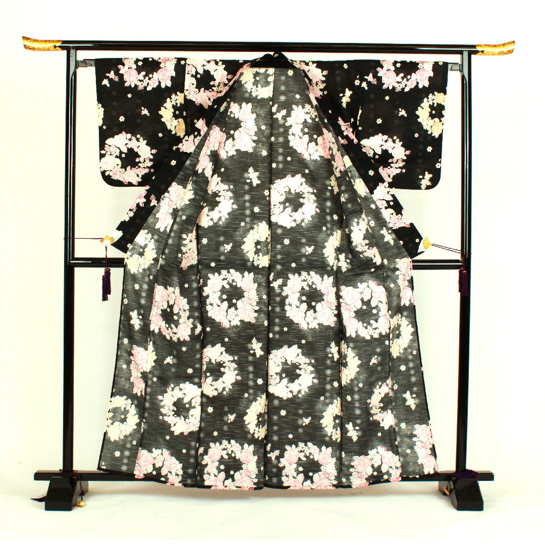 Yukata Rose Cotton S Rank Single Layer Length 163cm Sleeve Length 66cm Black 1118000382410