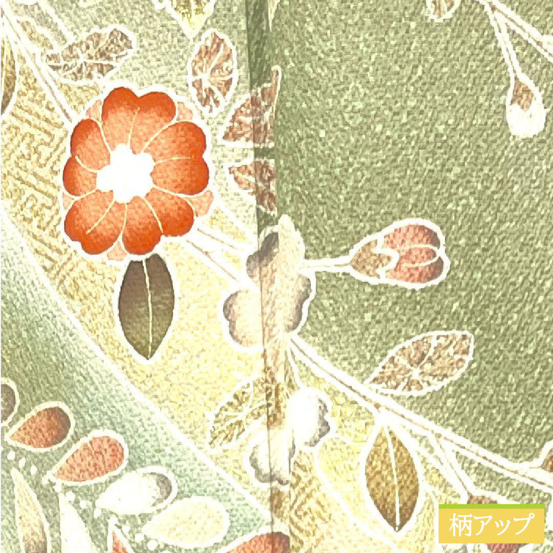 Homongi, pure silk, lined, length 163cm, sleeve length 65cm, willow-colored lining, Kyo-Yuzen, Tsujigahana, S rank, green, 1112003992419