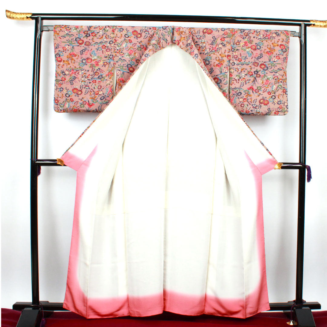 小紋 身丈159.5cm 裄丈64.5cm 袷  銀煤竹色 型染 草花模様  正絹 Sランク 朱系 1115002212316