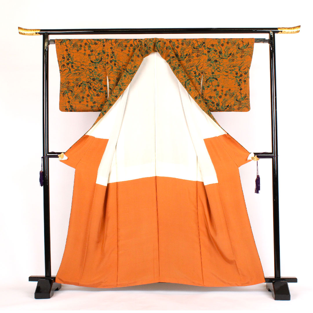 小紋 身丈161cm 裄丈63cm 袷 作家物 鶴に草花 型染 正絹 Aランク 茶系 1115000293314