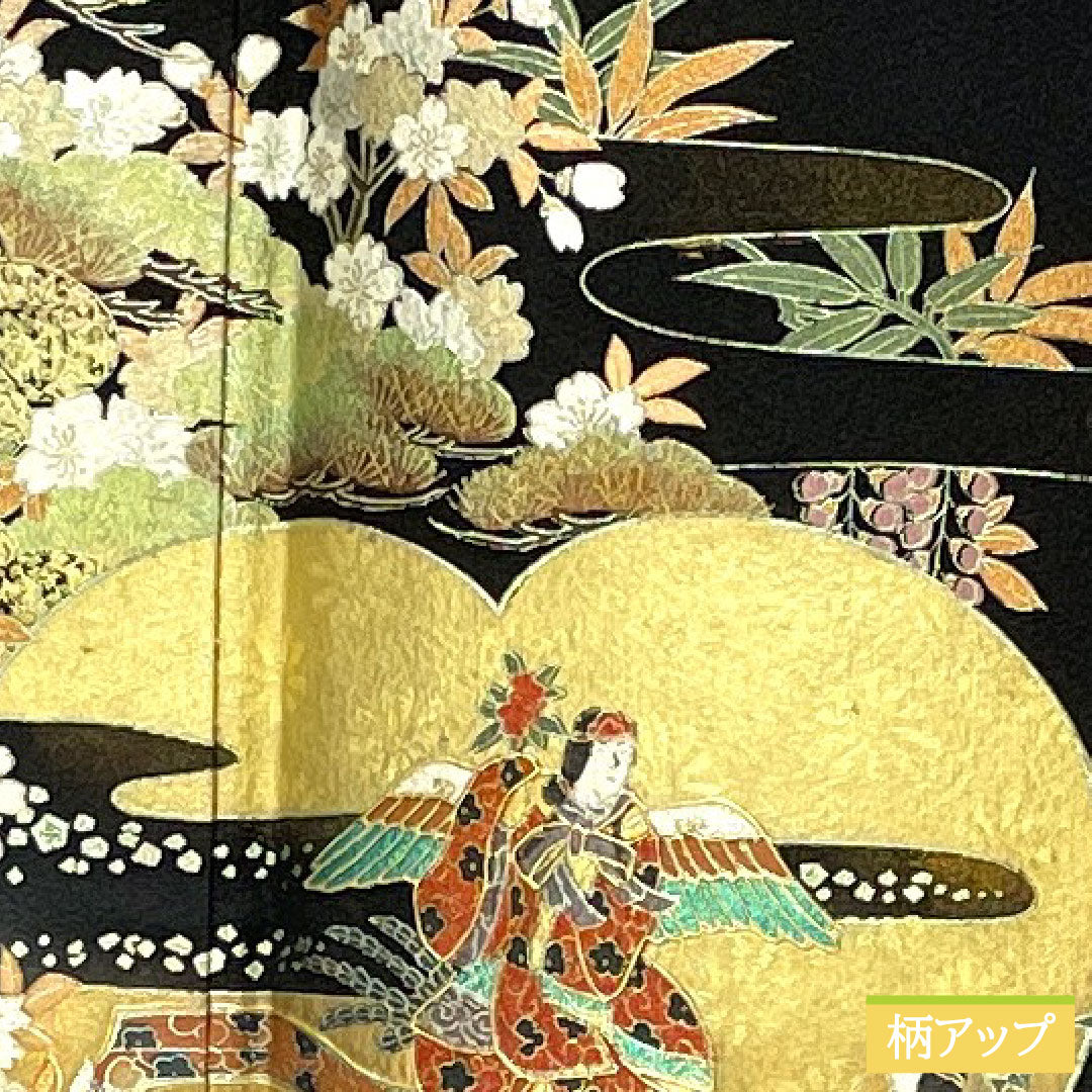 Black formal kimono, pure silk, length 161cm, sleeve length 62cm, lined, Kyoto Yuzen, Tale of Genji, artist's work, five crests, circle with diamonds, A rank, black, 1111001483410