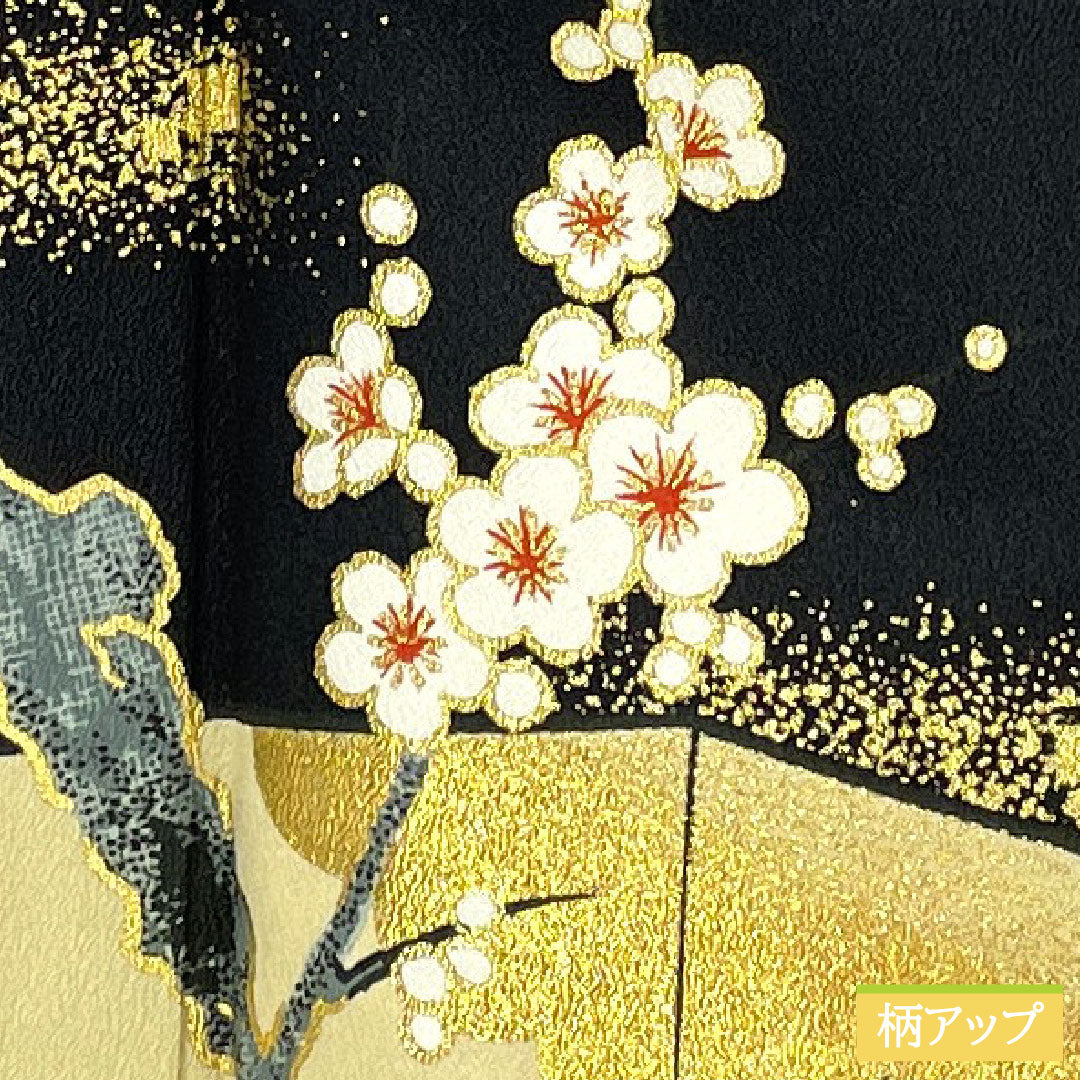 訪問着 ポリエステル 胴抜き 身丈160cm 裄丈64.5cm 洗える着物 梅 重ね衿付き Aランク 黒系 1112005653410