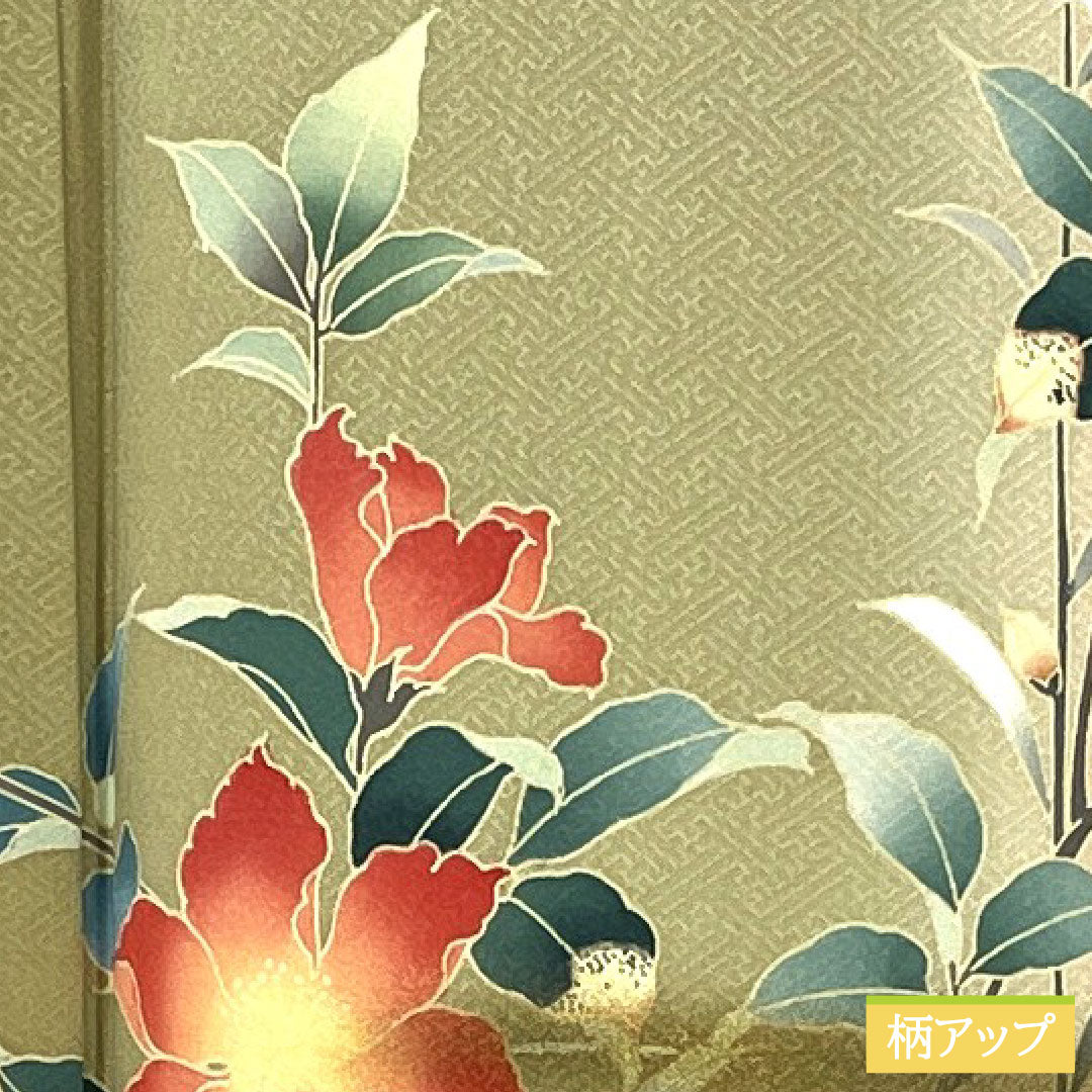 訪問着 正絹 袷 身丈163cm 裄丈68cm 亜麻色（あまいろ） 京友禅 草花模様 Aランク 緑系 1112005963419