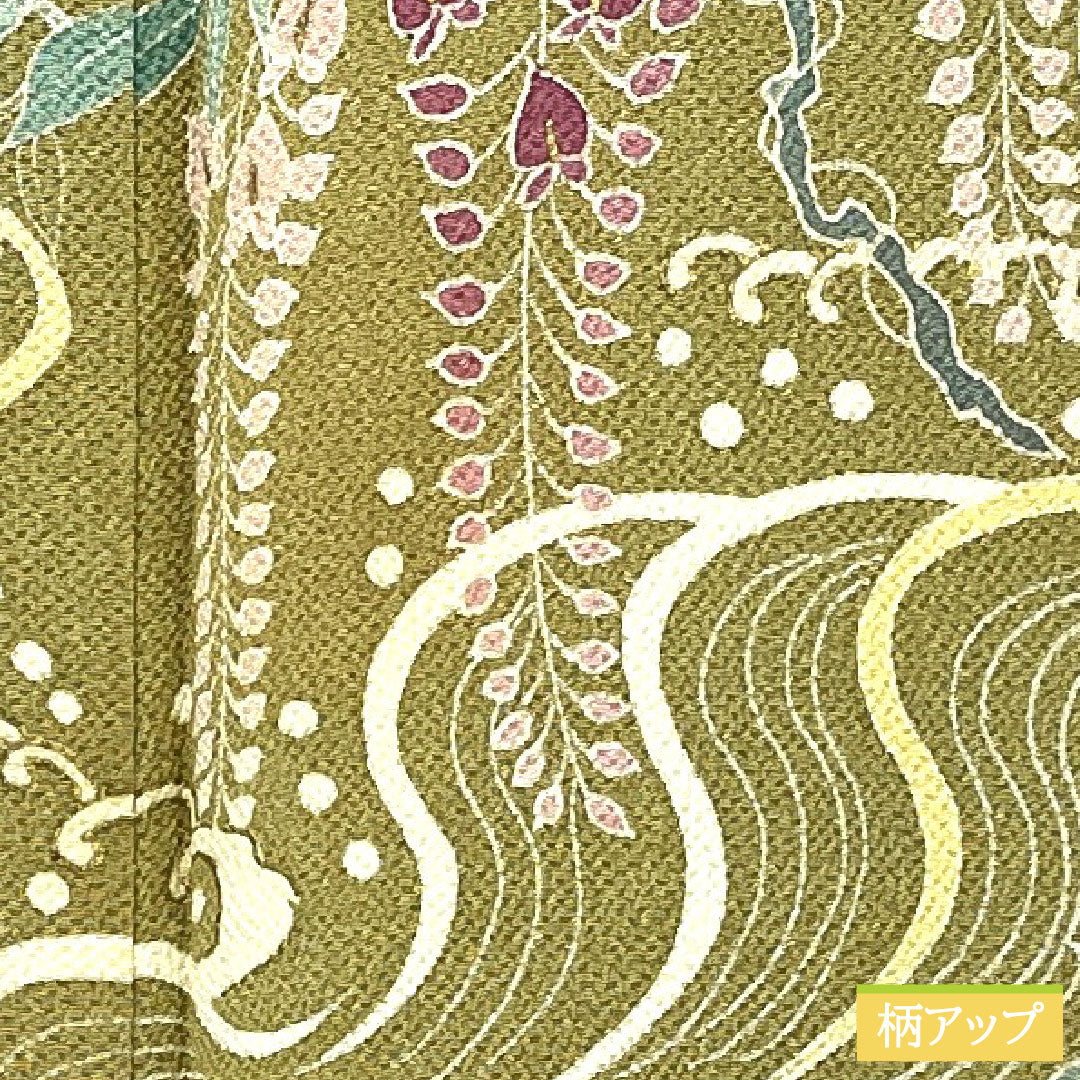 Homongi, pure silk, lined, length 155.5cm, sleeve length 67.5cm, Karakaneiro, Kyoto Yuzen, crepe, floral pattern, A rank, green, 1112005953319