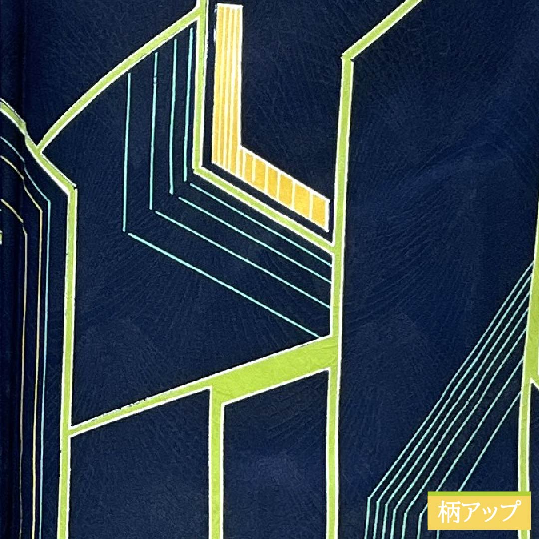 Komon (small pattern) polyester kimono, A rank, length 162.5cm, sleeve length 65cm, lined, navy blue (kon-iro) with geometric patterns, washable, navy blue, 1115007403418