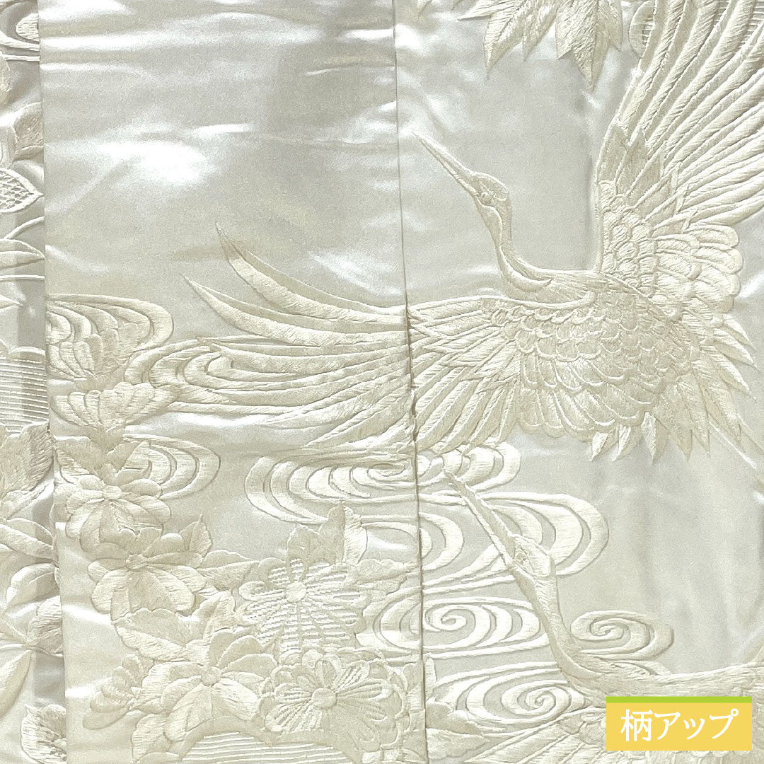 白無垢 正絹 Aランク 身丈180.5cm 裄丈64.5cm 唐織 鶴 草花模様 袷 白系 1110000983911