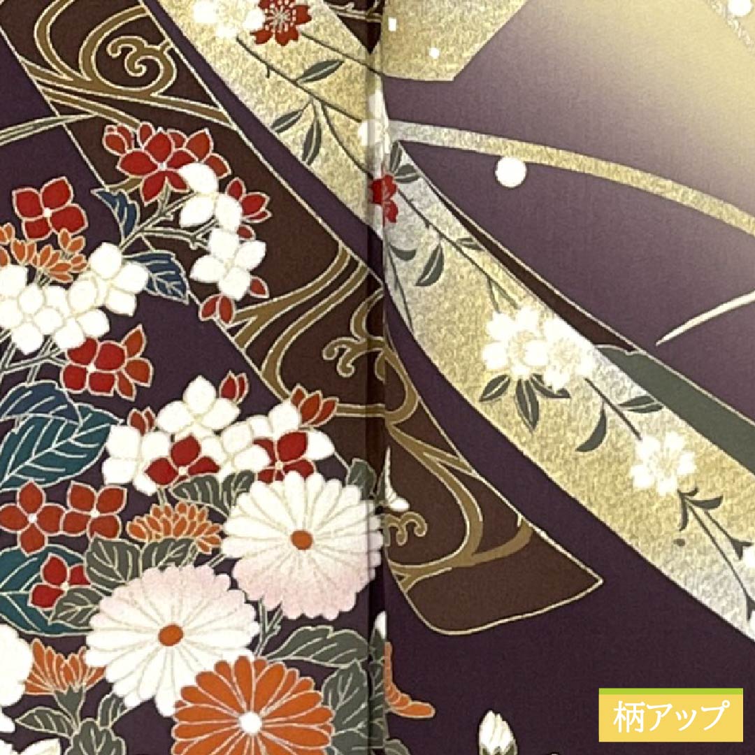 Furisode Kimono (Sleeve Kimono) - Pure Silk, S-Rank, Length 164.5cm, Sleeve Length 65.5cm, Lined, Deep Red, Kyoto Yuzen Pattern, Snow Circles, Dew Grass, Flowers, Red, Item Number: 1113002752412