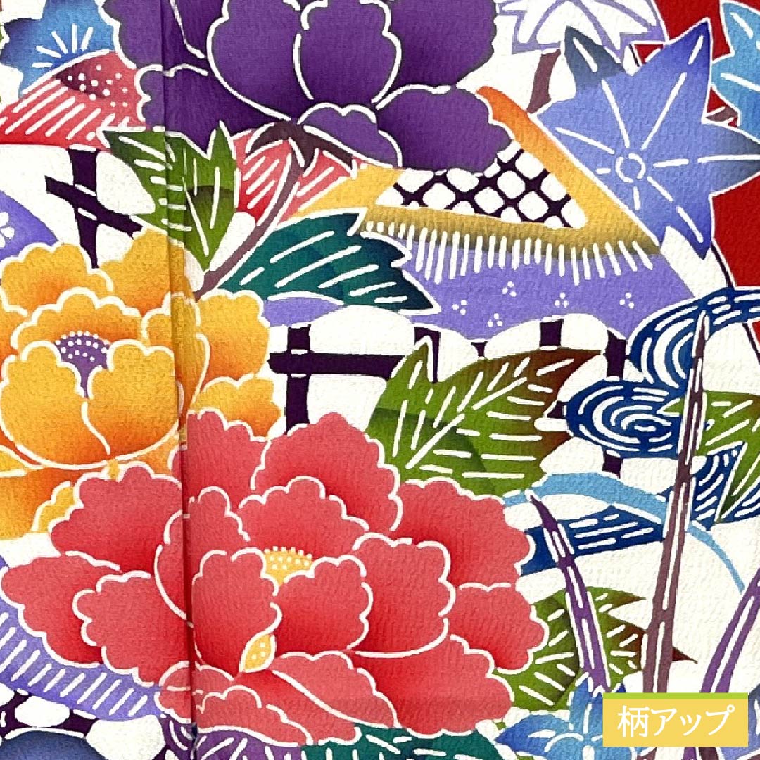 振袖 USED正絹仕立て上がり 赤 季節の花々デザイン模様 Lサイズ Aランク kimono-japan_fri025