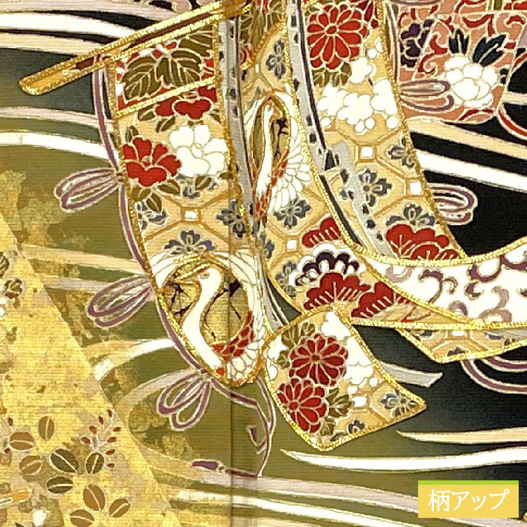 Black formal kimono, pure silk, length 150cm, sleeve length 64cm, lined, Kyoto yuzen, folding screen, flowing water, five crests, five-three paulownia, S rank, black, 1111001742110