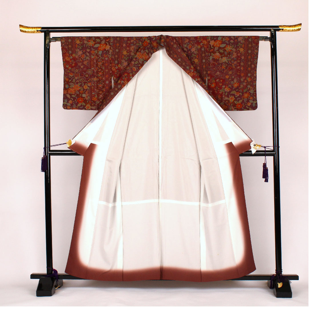 小紋 身丈160cm 裄丈64cm 袷  洗える着物 更紗柄 ポリ Aランク 茶系 1115000223314