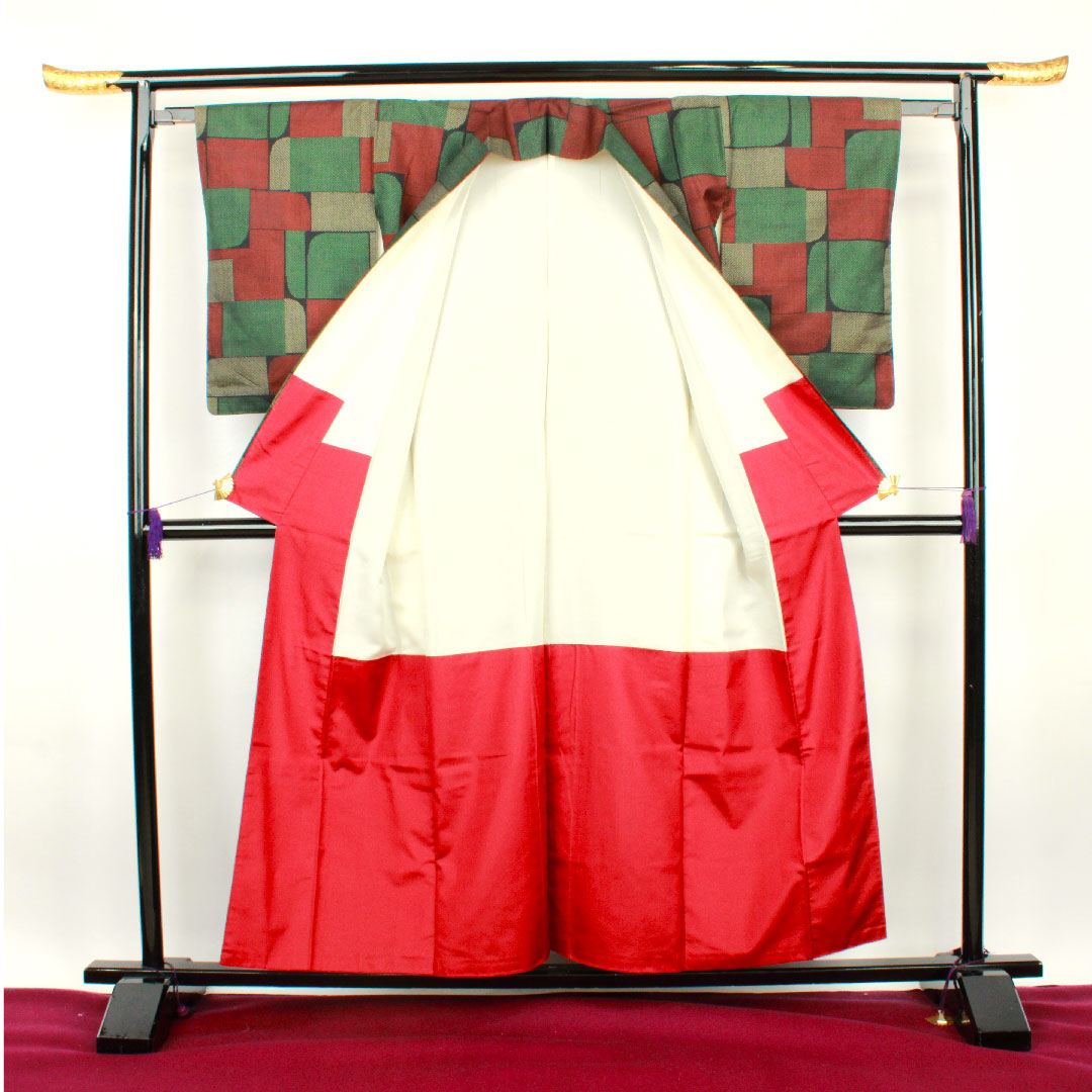 村山大島 身丈157cm 裄丈61.5cm 市松 正絹 Aランク 袷 黒系 1116001973310