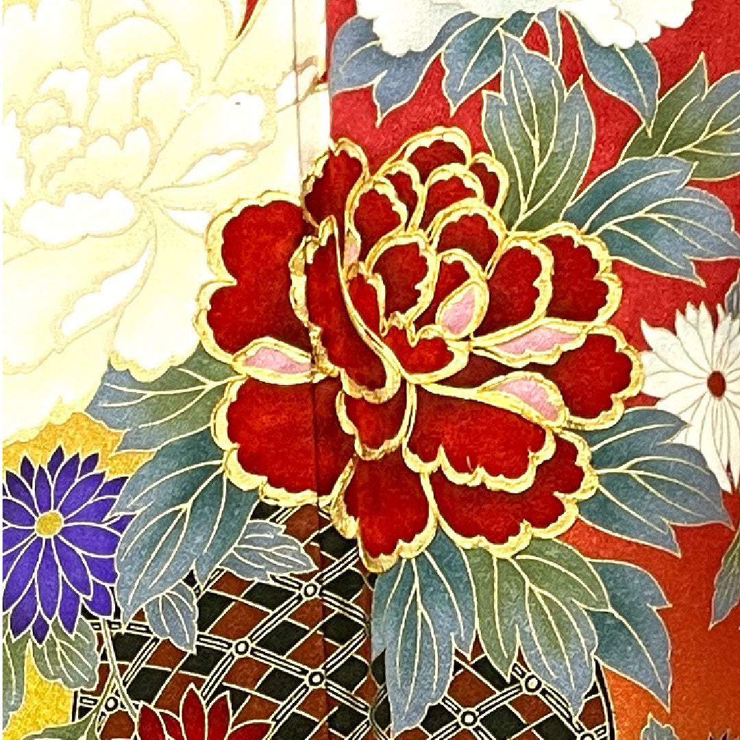振袖 身丈153.5cm 裄丈63cm 袷  赤紅色 京友禅 草花模様  正絹 Aランク 赤系 1113001523212
