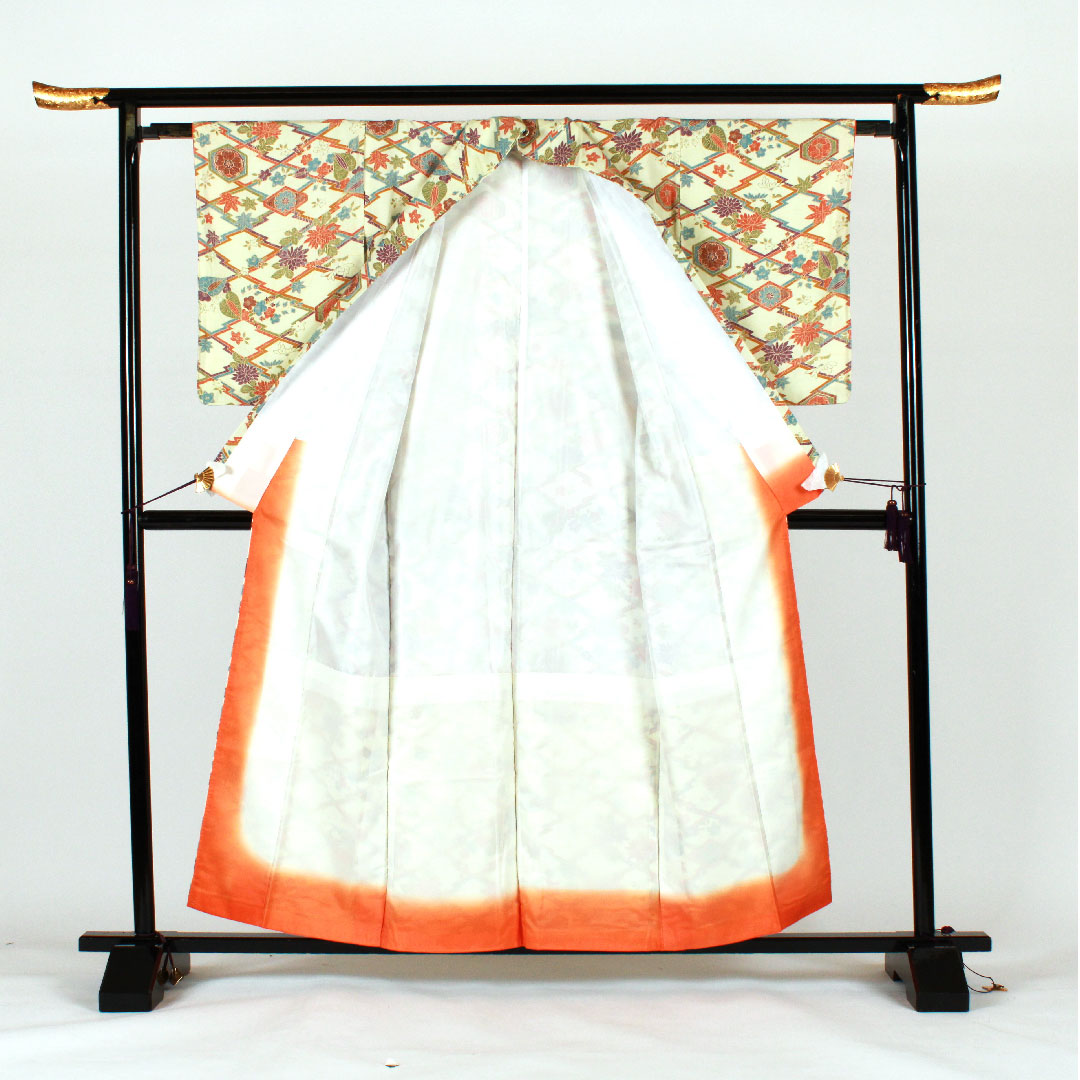 小紋 身丈157.5cm 裄丈64cm 袷  松皮菱 古典柄  ポリ Sランク クリーム系 1115000712315