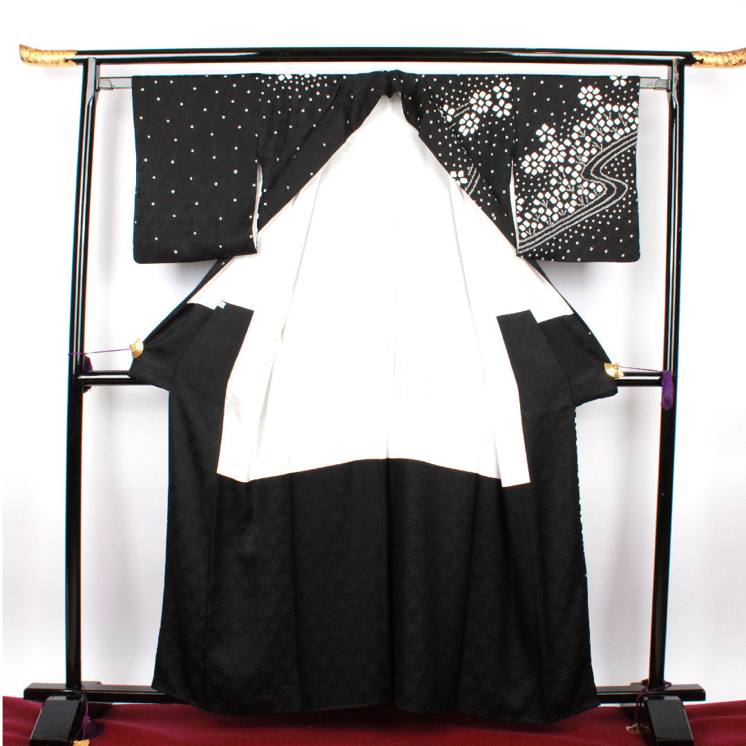 訪問着 袷 身丈159.5cm 裄丈62cm 絞り 花模様 正絹 Aランク 黒系 1112001693310