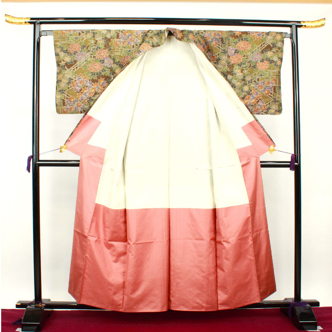 小紋 身丈158.5cm 裄丈64cm 袷  苦色 草花模様  正絹 Aランク 茶系 1115002723314