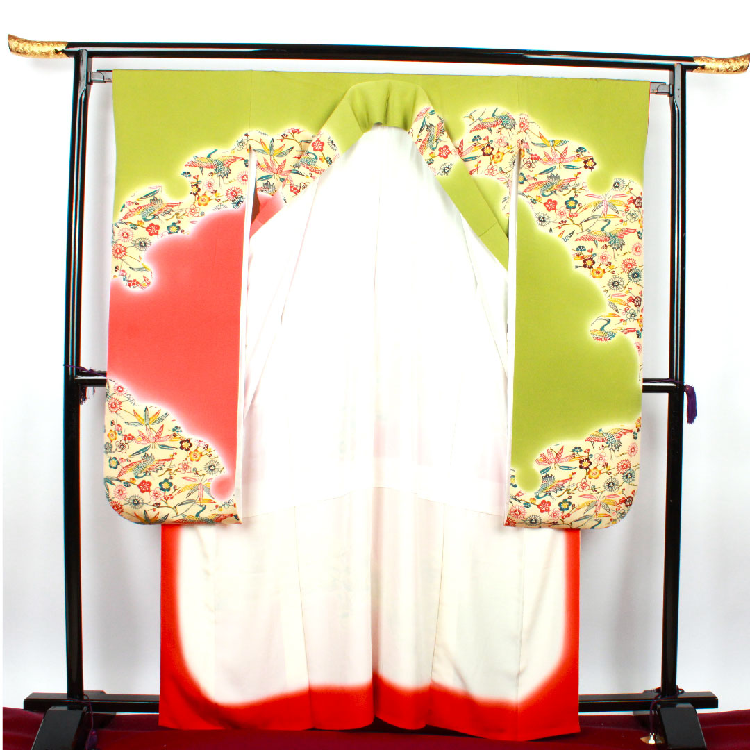 振袖 身丈162cm 裄丈65cm 袷  青丹色 京紅型 吉祥文様  正絹 Sランク 緑系 1113000872419