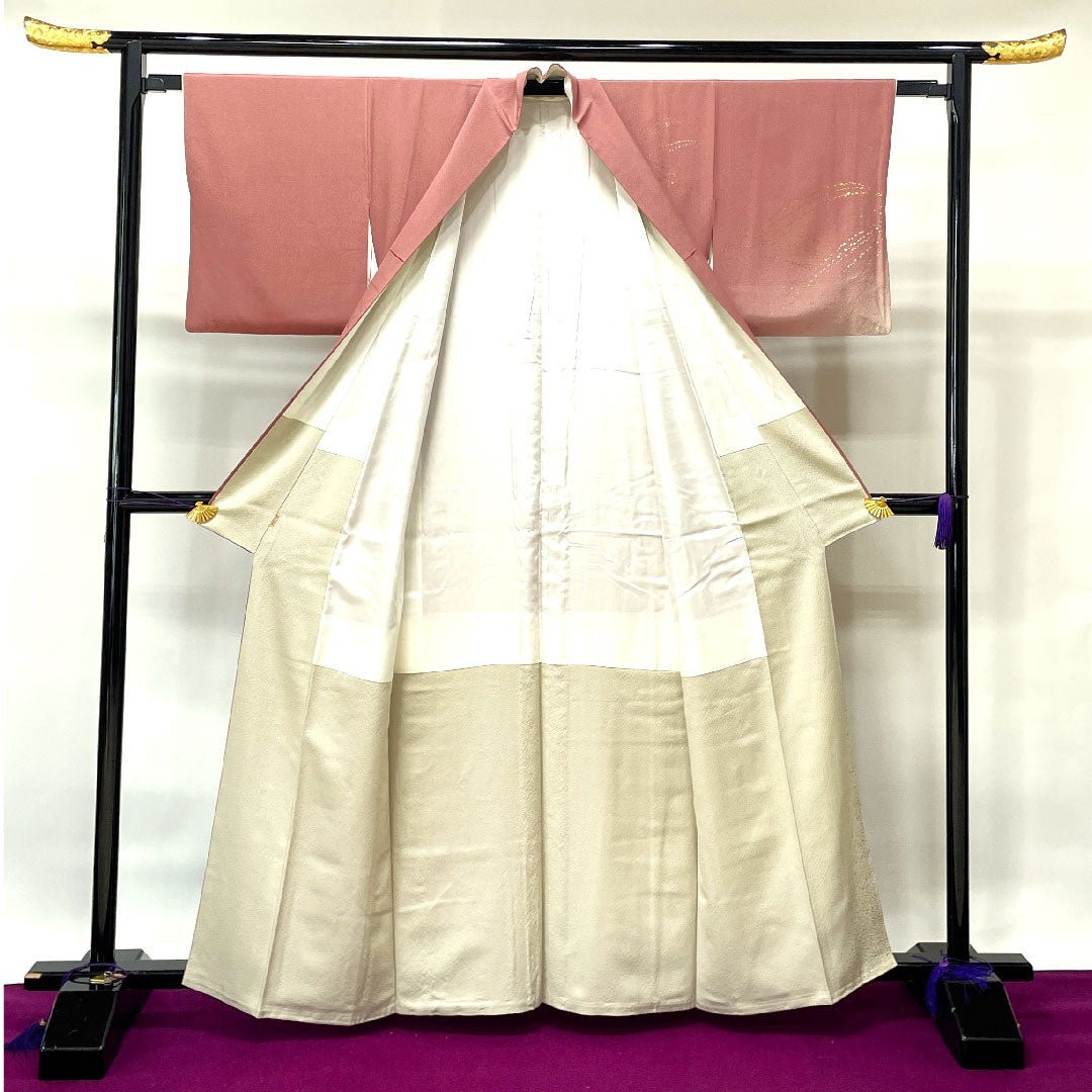 Homongi (formal kimono) Length 161.5cm Sleeve length 62.5cm Light purple Living national treasure Fukuda Yoshishige Abstract pattern Gold leaf finish Pure silk S rank Pink 1112002002413