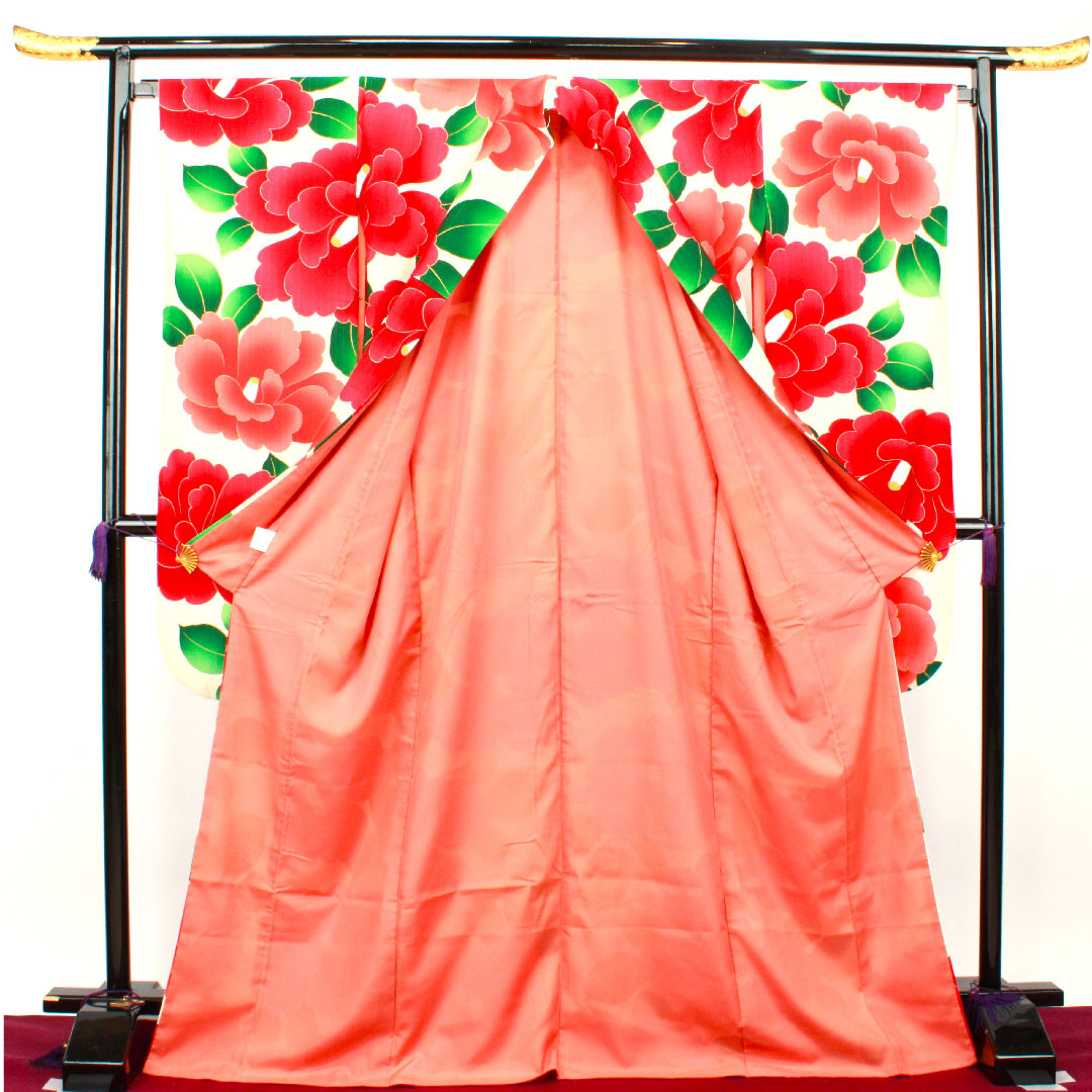 振袖 身丈170.5cm 裄丈67.5cm 袷  象牙色 洗える着物 椿  ポリ Sランク クリーム系 1113001272615