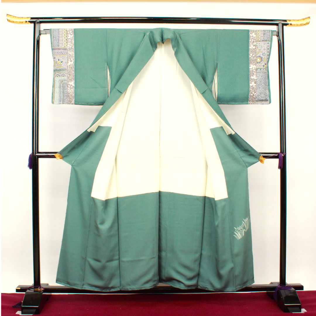 訪問着 袷 身丈156.5cm 裄丈65cm 未使用品 深川御納戸色 更紗模様 しつけ糸付き 正絹 Sランク 緑系 1112002102319