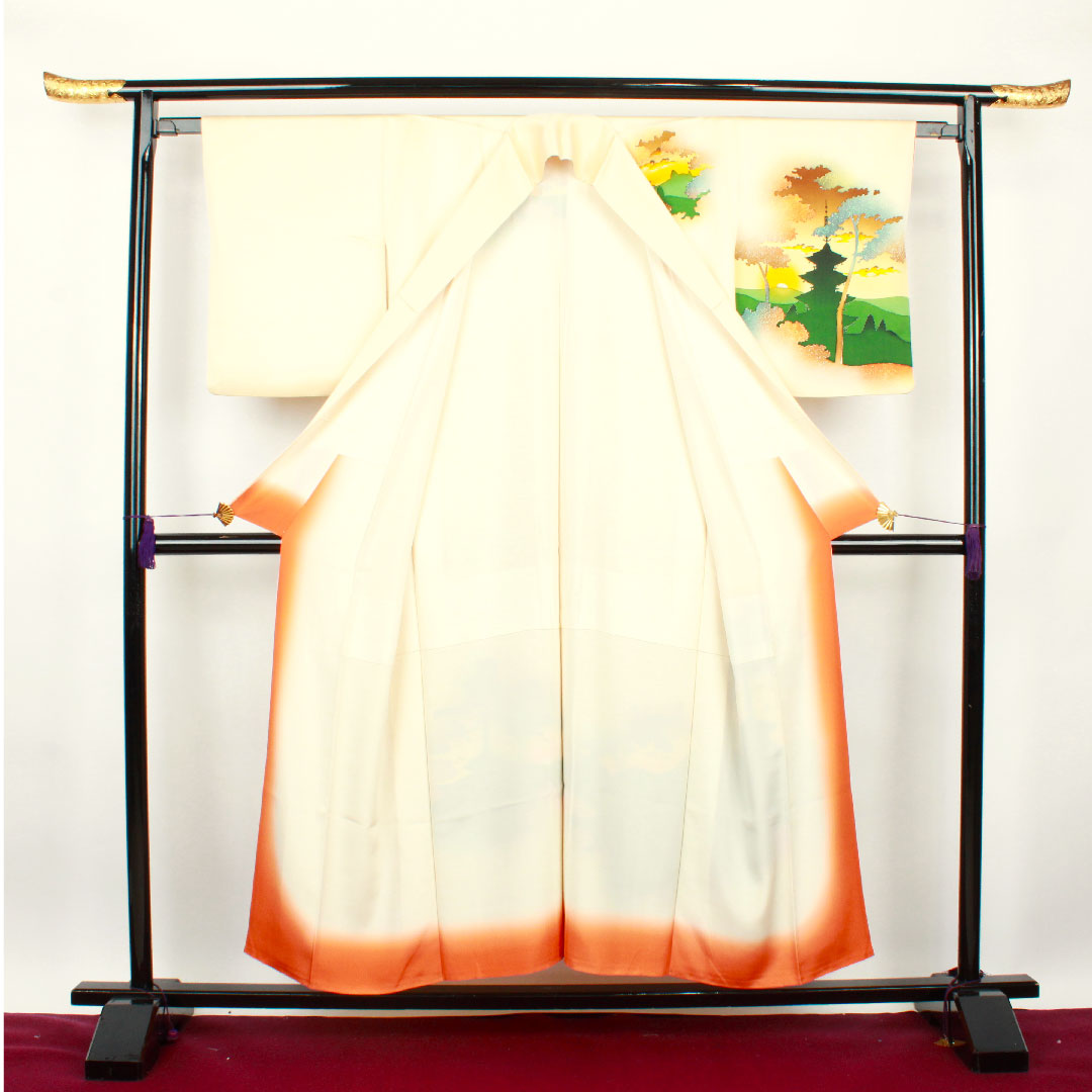 訪問着 袷 身丈152cm 裄丈60cm 砥粉色 風景模様 正絹 Aランク クリーム系 1112001873215