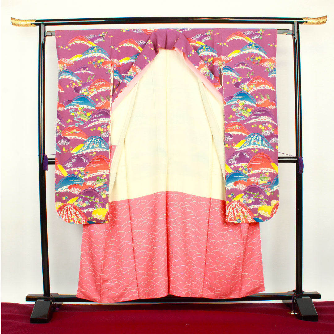 振袖 身丈155cm 裄丈63cm 袷  織葡萄色 型染 遠山 草花模様  正絹 Aランク 紫系 1113000923320