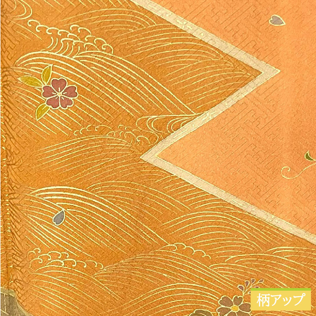 Homongi, pure silk, lined, length 165.5cm, sleeve length 66.5cm, vermilion, Kyoto Yuzen, auspicious motif, A rank, orange, 1112004623526