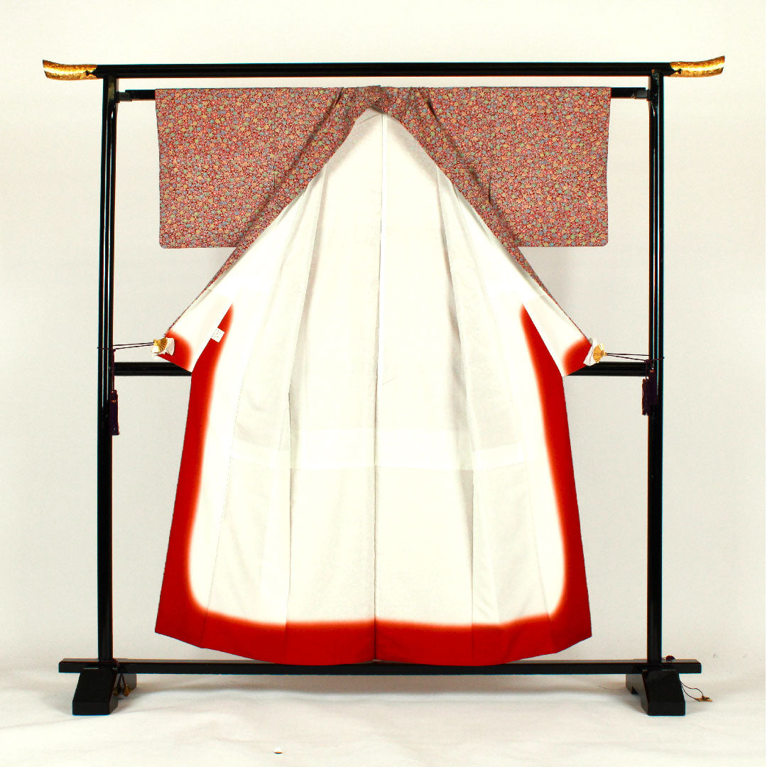 小紋 身丈156.5cm 裄丈61cm 袷  梅模様  ポリ Sランク 茶系 1115000832314