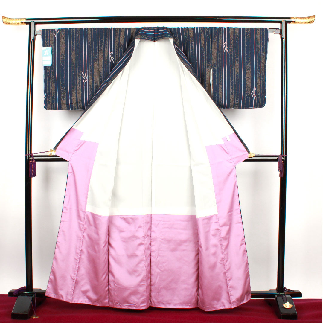 小紋 身丈163cm 裄丈67.5cm 袷  紺青色 洗える着物 竹  ポリ Sランク 紺系 1115002112418