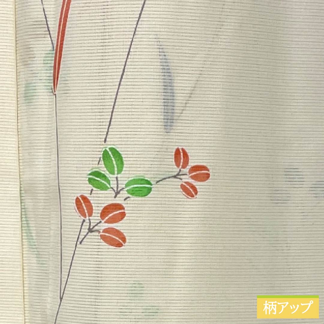 夏物 ポリエステル 小紋 Aランク 身丈163.5cm 裄丈64cm 白百合色（しらゆりいろ） 草花模様 絽 黄系 1132004513423