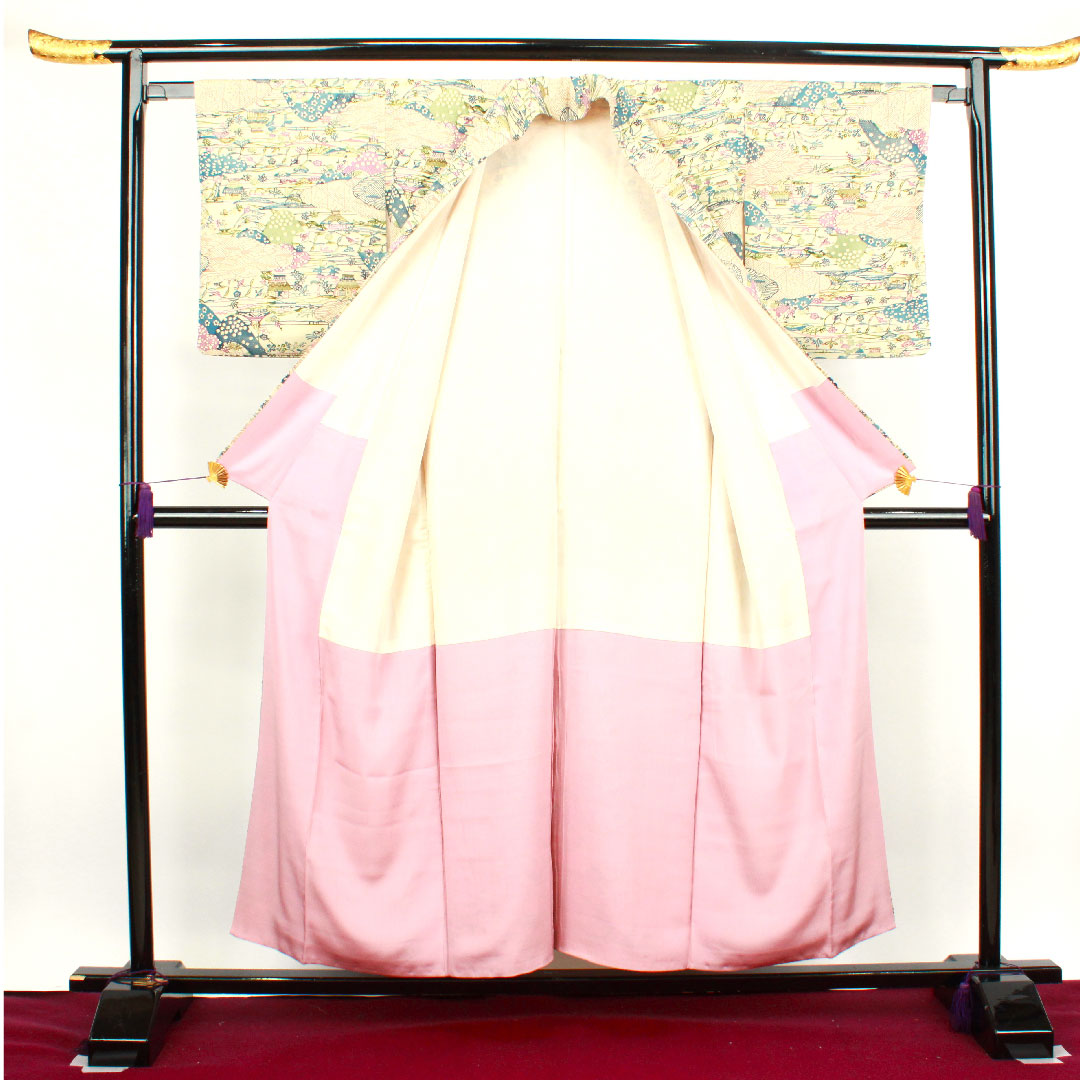 小紋 身丈154.5cm 裄丈61.5cm 袷  砥粉色 紅型 風景模様 正絹 Aランク クリーム系 1115003083215