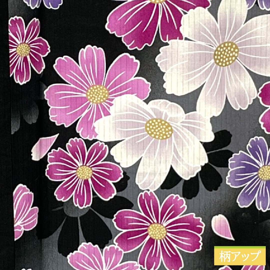 浴衣 木綿 身丈165cm 裄丈67cm Aランク 単衣 黒系 秋桜 1118006183510
