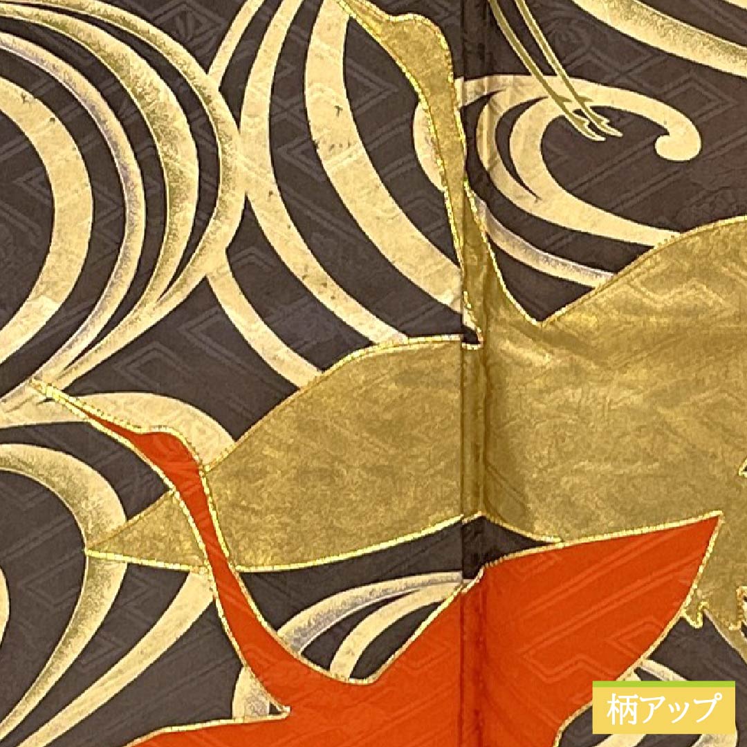 振袖 正絹 Sランク 身丈169.5cm 裄丈65cm 袷 榴花紅色（リューホワホンいろ） 京友禅 草木友禅 鶴 流水 綸子生地 橙系 1113002562526