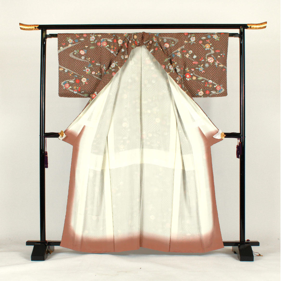 小紋 身丈164cm 裄丈65cm 袷  絞り 流水 花模様  正絹 Sランク 茶系 1115001382414