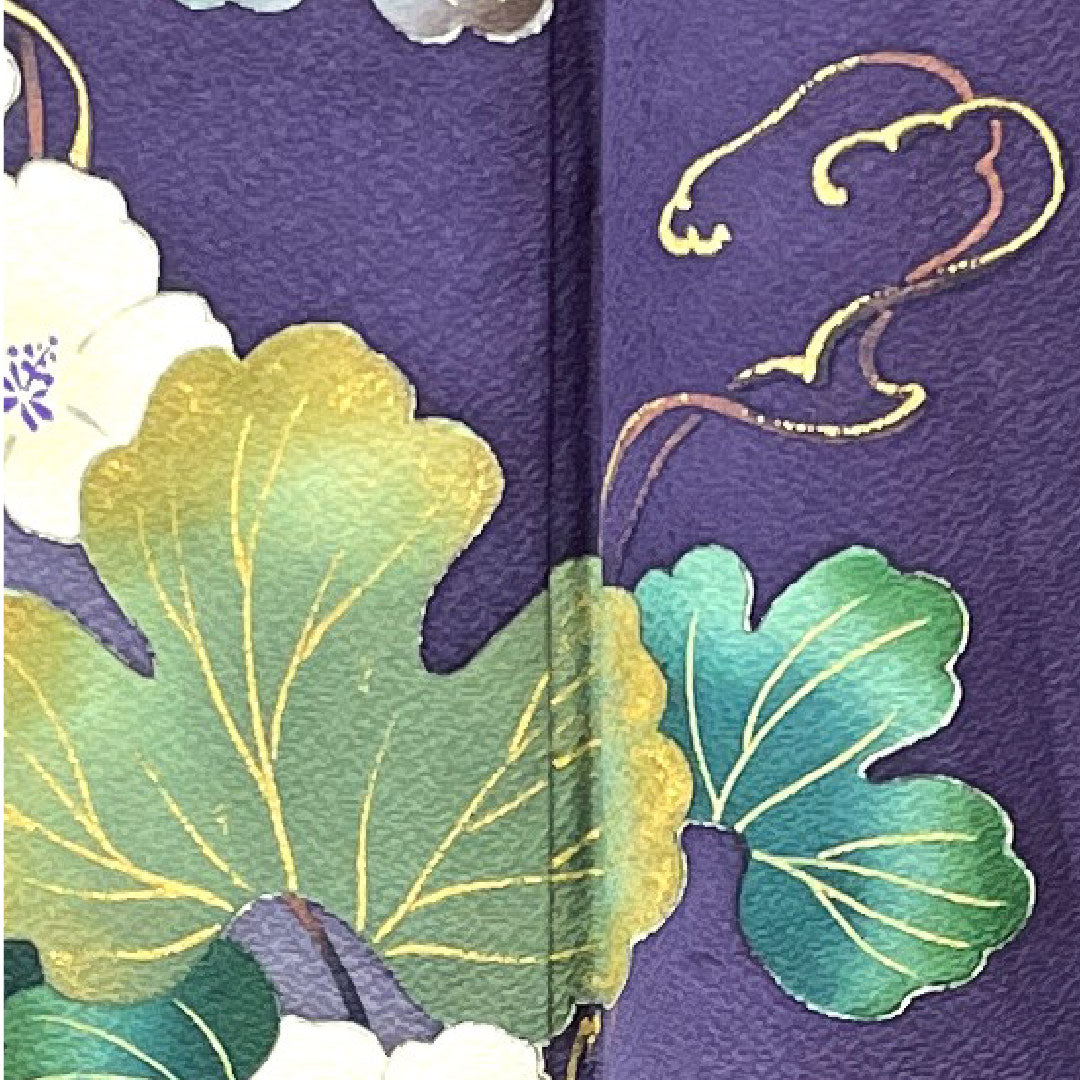 Homongi, pure silk, lined, length 159.5cm, sleeve length 67cm, scarlet, Nakamura Nobuo, floral pattern, artist's work, bellflower with three scales, S rank, purple, 1112002782320