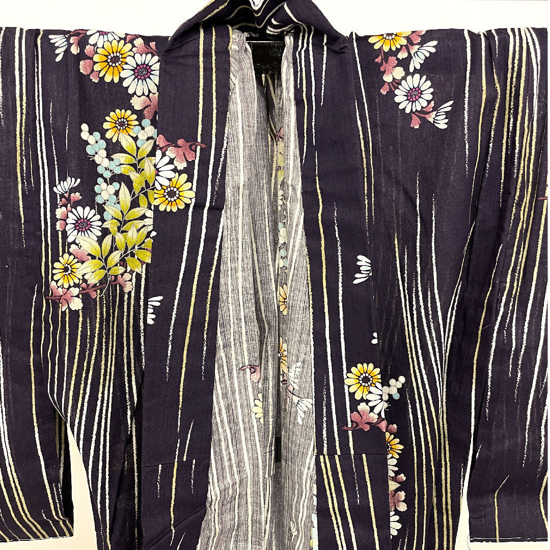 浴衣 HANAEMORI 花模様 木綿 Sランク 単衣 身丈165cm 裄丈68cm 紫系 1118000792520