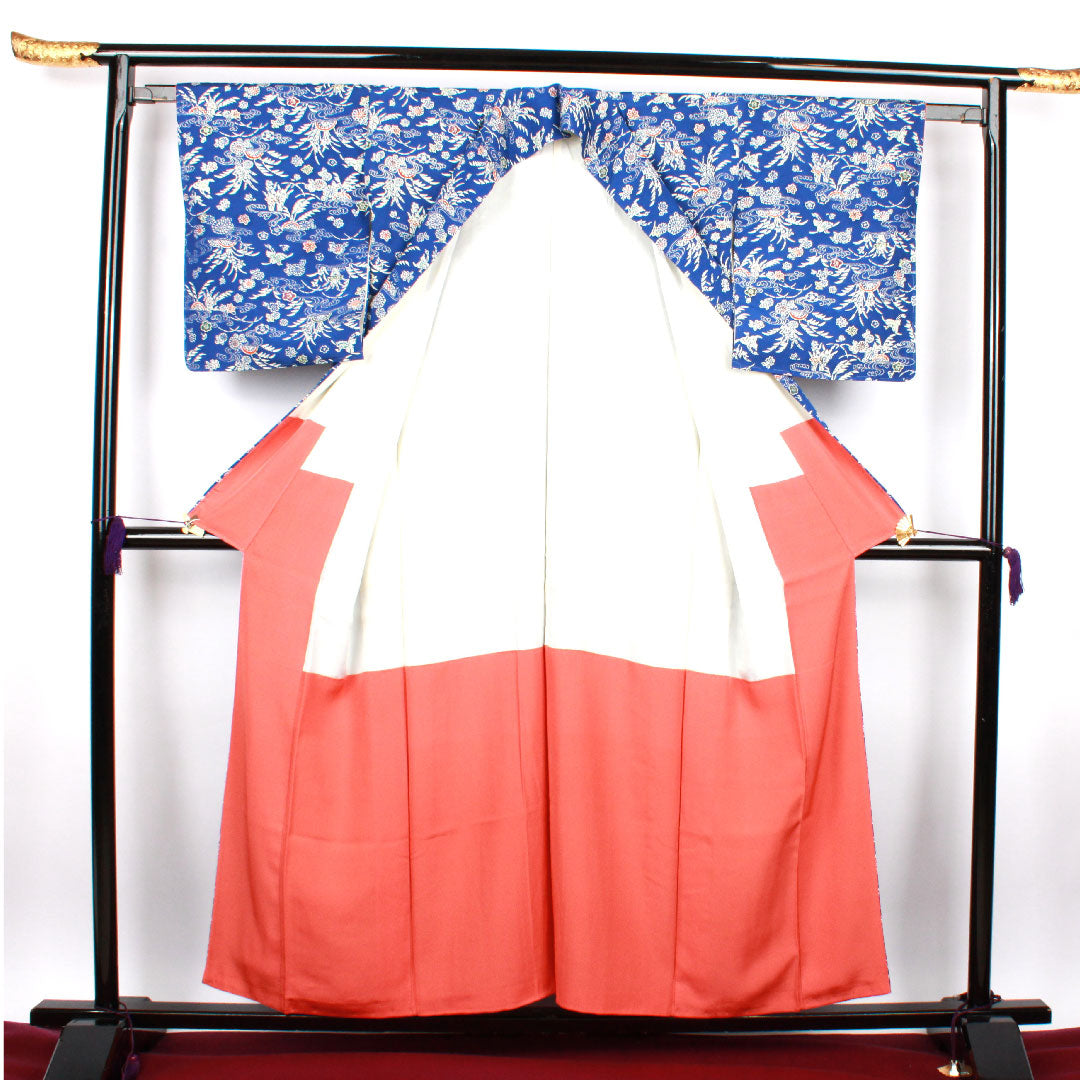 小紋 身丈157.5cm 裄丈61cm 袷  瑠璃紺色 型染 草花模様  正絹 Sランク 青系 1115002202317