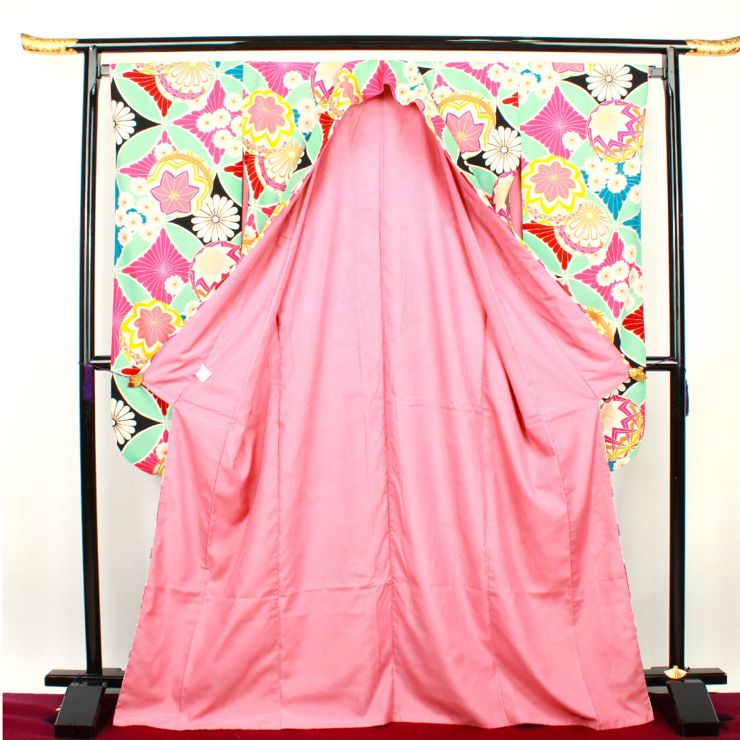 振袖 身丈170.5cm 裄丈70cm 袷  薄水色 洗える着物 鞠 七宝  ポリ Sランク 青系 1113001172617