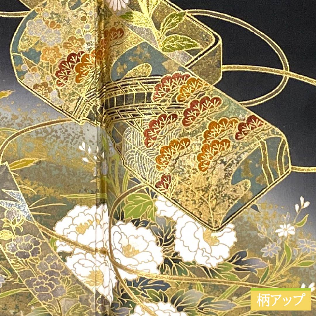 黒留袖 正絹 Aランク 身丈170cm 裄丈67cm 袷 京友禅 五つ紋 梅鉢 重箱 草花 五つ紋 黒系 1111001873610