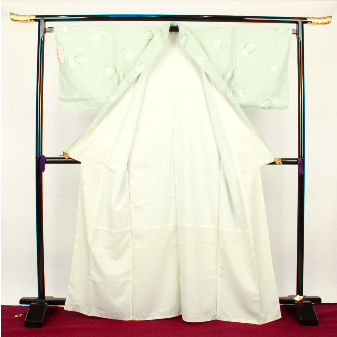 小紋 身丈166cm 裄丈66cm 袷  秘色色 洗える着物 雪輪 うさぎ  ポリ Sランク 青系 1115002582517