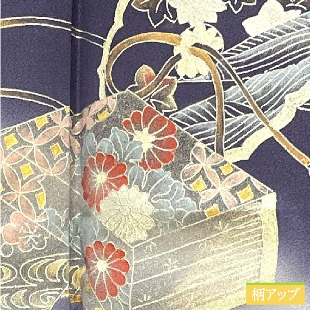 Homongi, pure silk, lined, length 157.5cm, sleeve length 66cm, dark blue, Kyo-Yuzen, multi-tiered box, braided cord, A-rank, navy blue, 1112004843318